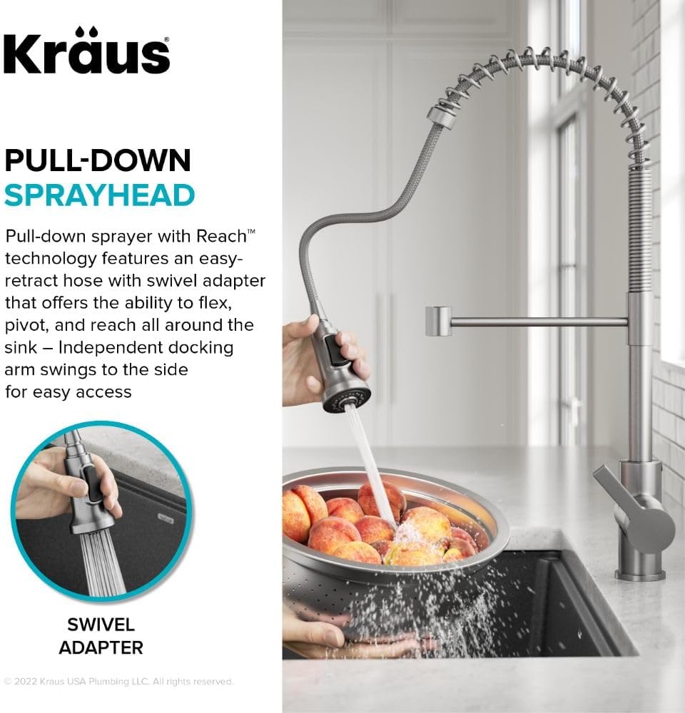 KRAUS Britt Commercial Style Single Handle Pull Down Kitchen Faucet in Spot-Free Stainless Steel/Matte Black, KPF-1691SFSMB