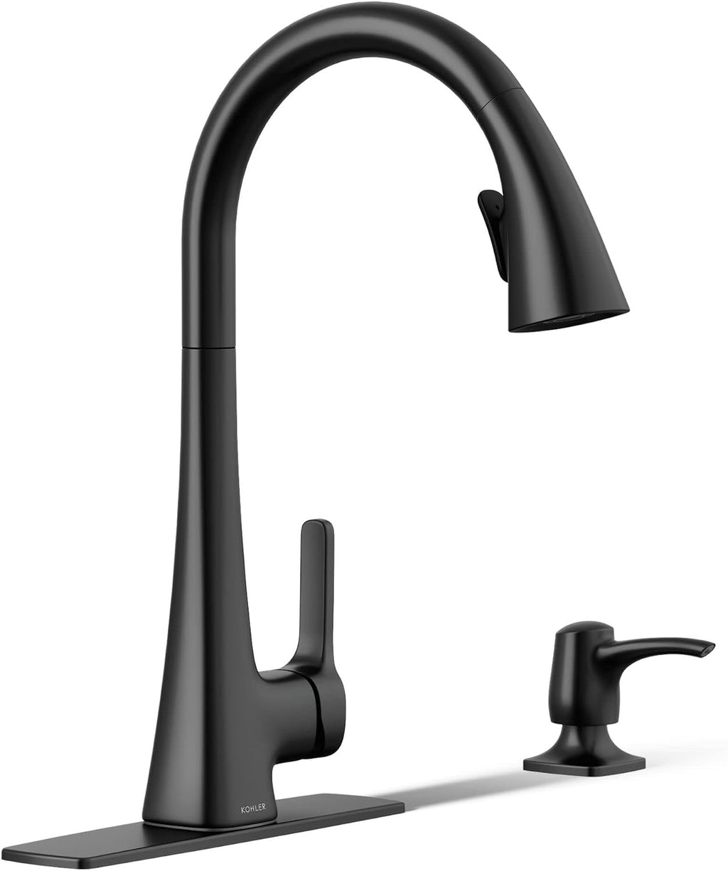 KOHLER R22867-SD-BL Maxton Pull-Down Kitchen Faucet with Soap Dispenser, Pull Down Sprayer, Matte Black