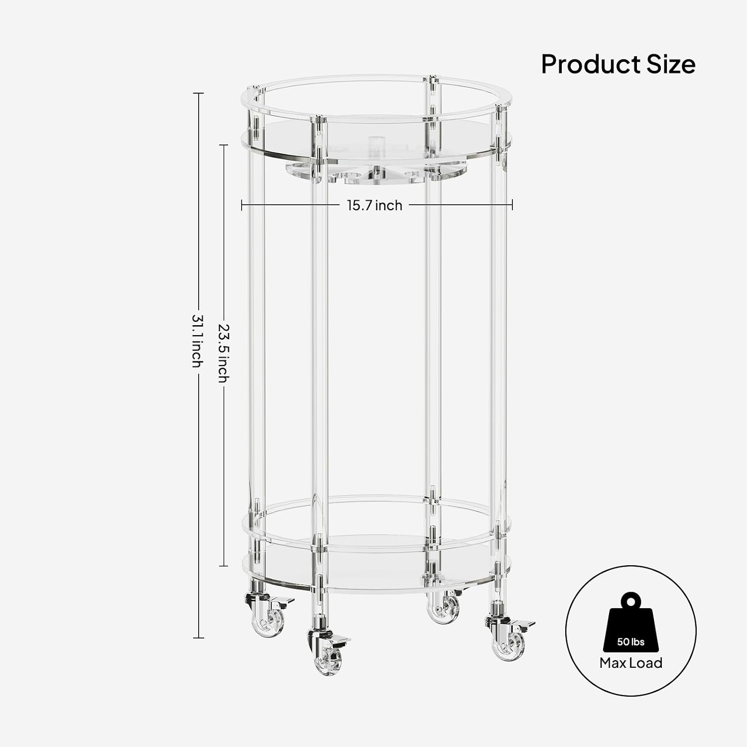Eglaf Acrylic Bar Cart, Rolling Round Bar Cart, 2-Tier Home Serving Cart | Clear Bar Cart with Lockable Wheels, Glass Holders, for Bar, Living Room, Kitchen, 15.7' D x 15.7' W x 31.1' H