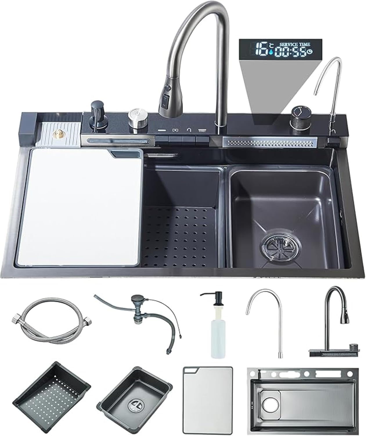 Digital Display Waterfall Kitchen Sink Gun Grey Stainless Steel Single Bowl Kitchen Sink With Pull-Out Faucet Kitchen Sink Workstation with Multiple Accessories(29.52'X18.11')