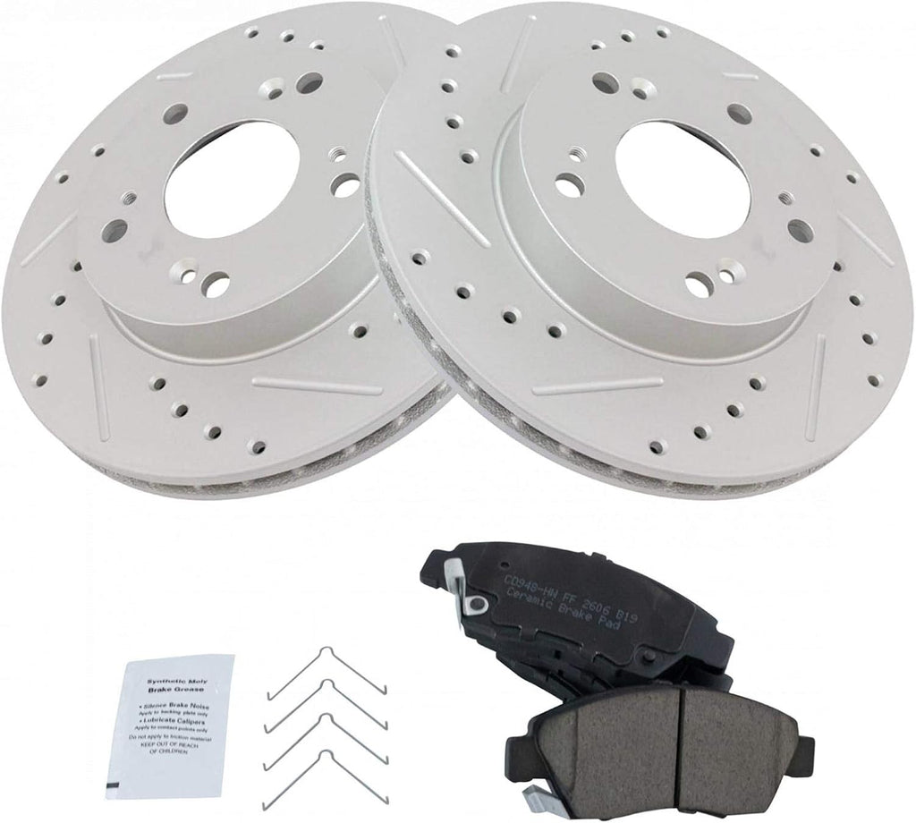 TRQ Performance Front Ceramic Brake Pad and Rotor Set Compatible with 02-06 Acura RSX Base Model 06-08 Honda Civic Hybrid 09-10 Honda Civic Hybrid 5 Lug Wheels 11 11-15 CR-Z
