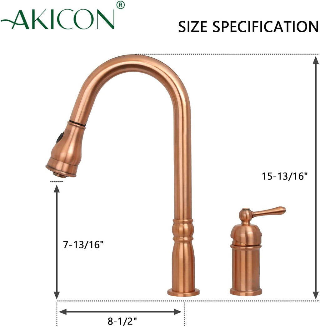 Akicon Copper Kitchen Faucet with in-Deck Handle and Soap Dispenser, Single Handle Solid Brass High Arc Pull Down Sprayer Head Kitchen Sink Faucet AK97918