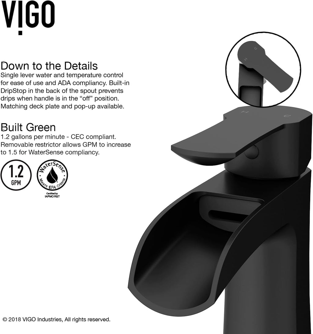 VIGO Paloma Waterfall Single-Handle Single-Hole Mount Bathroom Sink Faucet, 7-Inch, Matte Black, Modern Design, Solid Brass, 1.2 GPM WaterSense & Ceramic Disc Valve, Corrosion-Resistant - VG01041MB