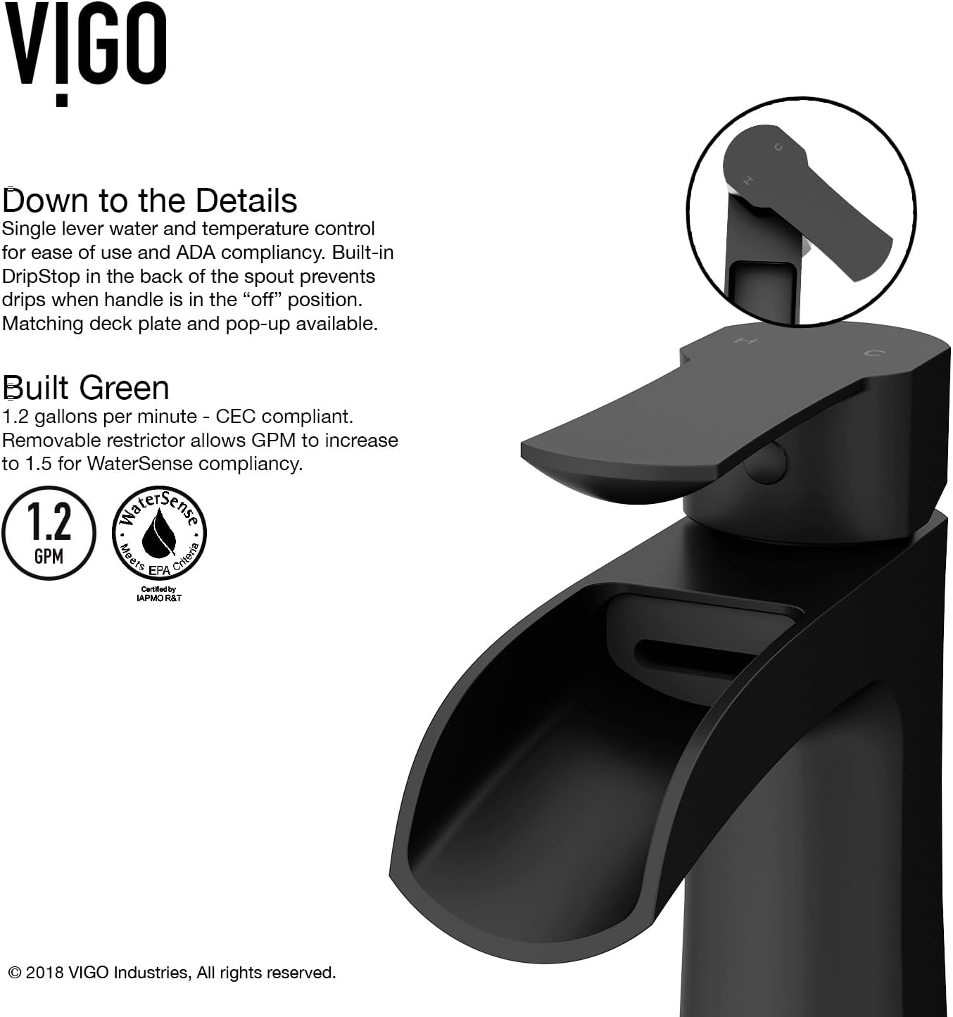 VIGO Paloma Waterfall Single-Handle Single-Hole Mount Bathroom Sink Faucet, 7-Inch, Matte Black, Modern Design, Solid Brass, 1.2 GPM WaterSense & Ceramic Disc Valve, Corrosion-Resistant - VG01041MB