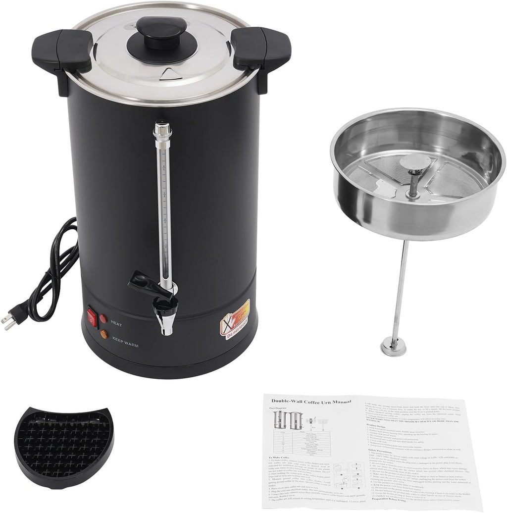 Commercial Coffee Urn, 15L/4Gal Stainless Steel Coffee Maker Brewer Hot Beverage Dispenser with Faucet & Bottom Tray, 1500W Hot Water Urn for Home Party Office Wedding, Black