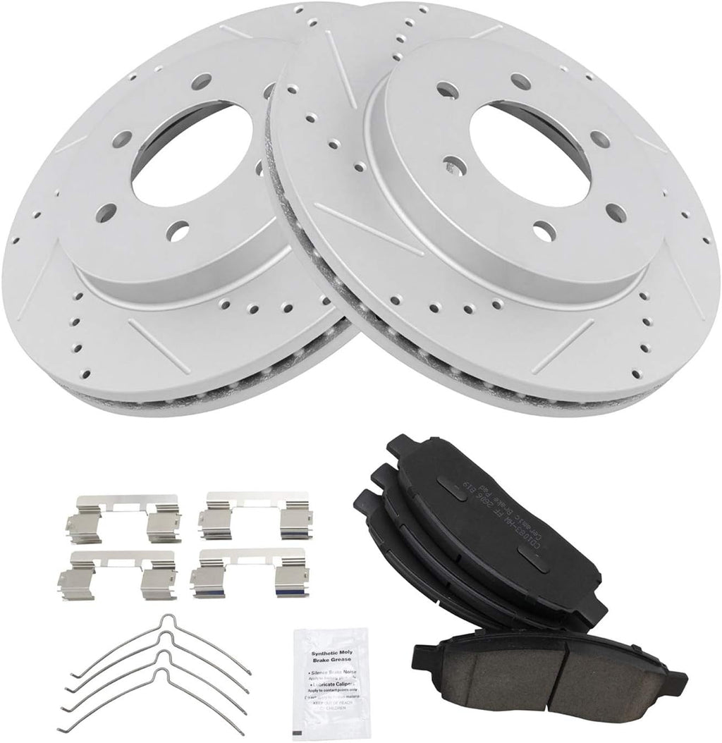 TRQ Performance Front Brake Pad and Rotor Set Ceramic Coated Drilled Slotted Vented Rotors Compatible with 2004-2008 Ford F-150 2006-2008 Lincoln Mark LT