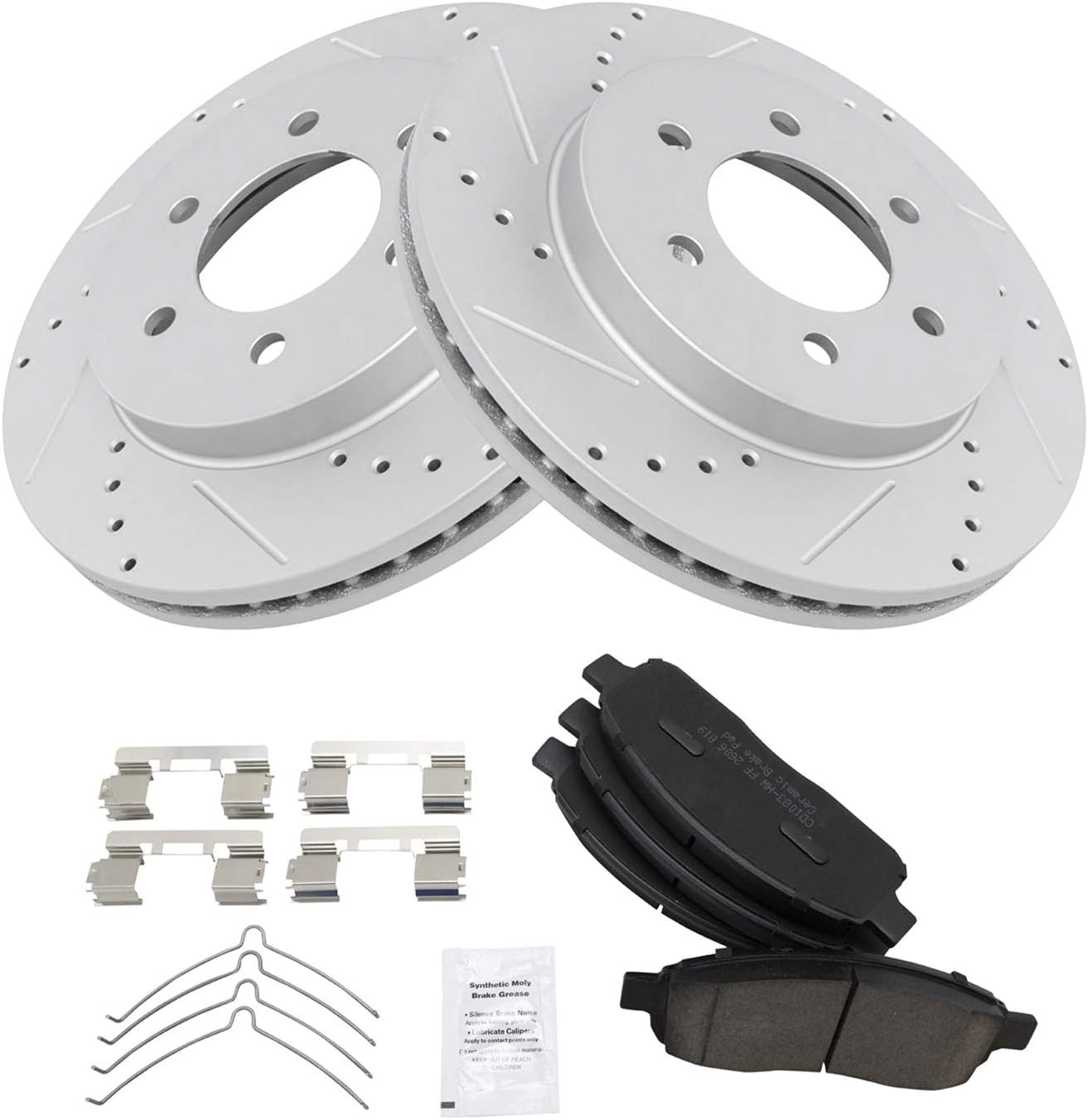 TRQ Performance Front Brake Pad and Rotor Set Ceramic Coated Drilled Slotted Vented Rotors Compatible with 2004-2008 Ford F-150 2006-2008 Lincoln Mark LT