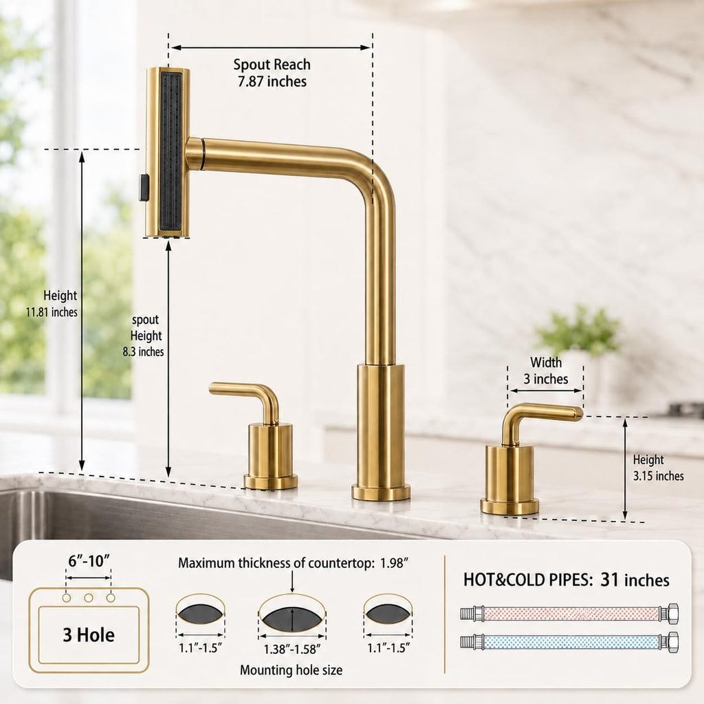 Kitchen Faucet with Pull Down Sprayer - Brushed Gold 3 Hole Kitchen Sink Faucet - 8 Inch 2 Handle Champagne Bronze 3 Piece Faucets Stainless Steel Faucet, 360° Swivel, Pull Out 3 Spray Modes