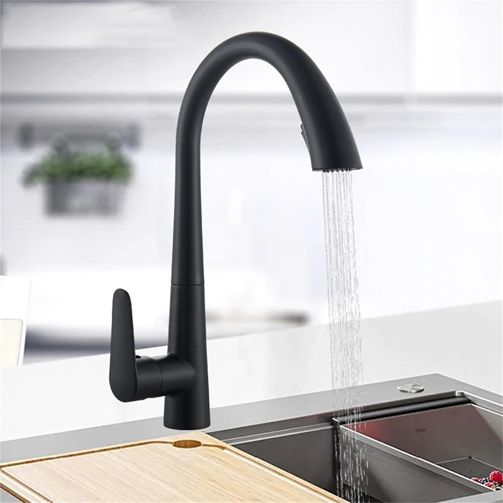 Kitchen Faucet Single Handle Pull Out Mixer Hot and Cold Water Taps Deck Mounted 360 Rotation Mixer Tap(Matte Black)