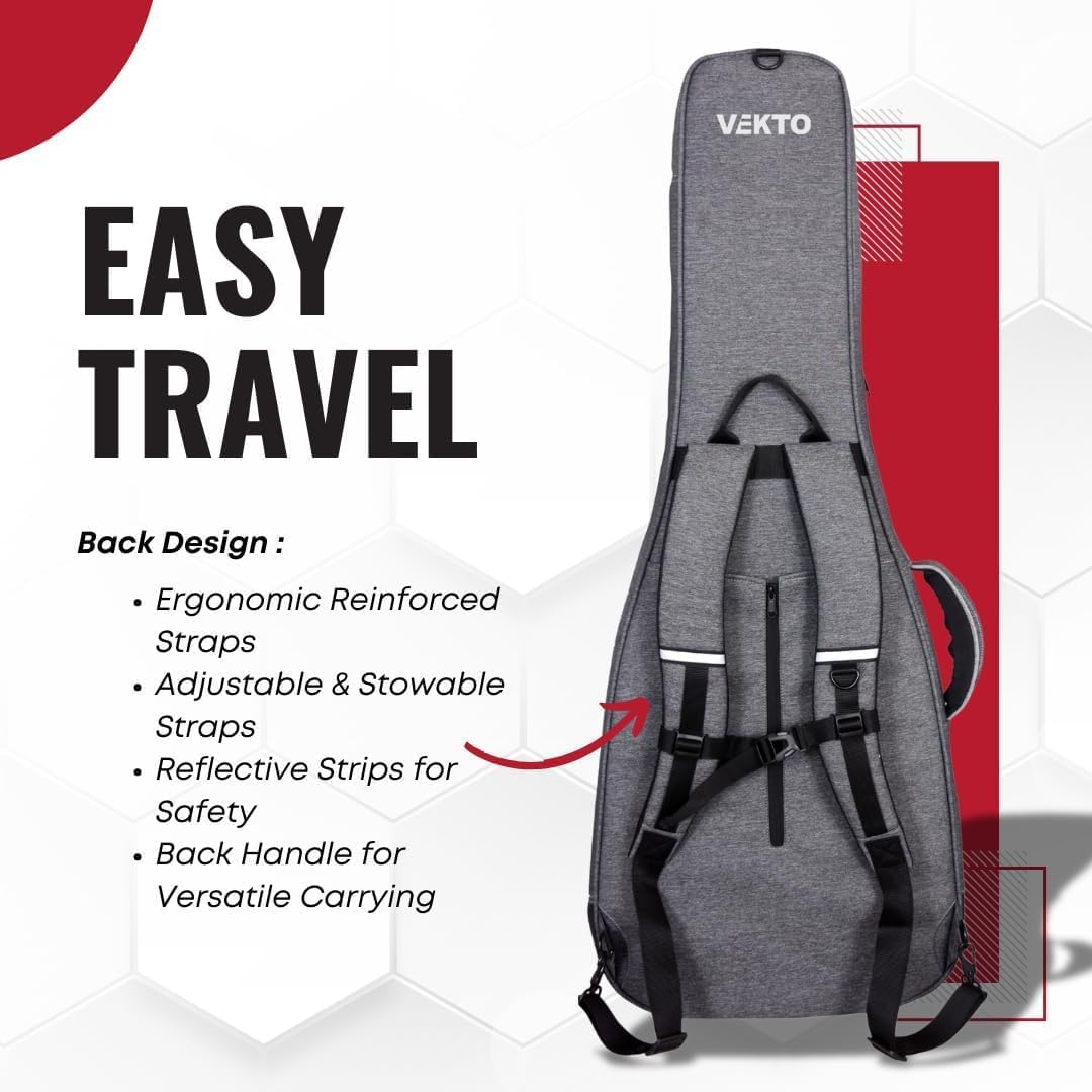 VEKTO Acoustic Guitar Gig Bag 41 Inch 28mm Padded, Hideaway Backpack StrapsPremium Grey-Blue Fabric, Spacious Compartments, Detachable Neck Cushion Grey Blue