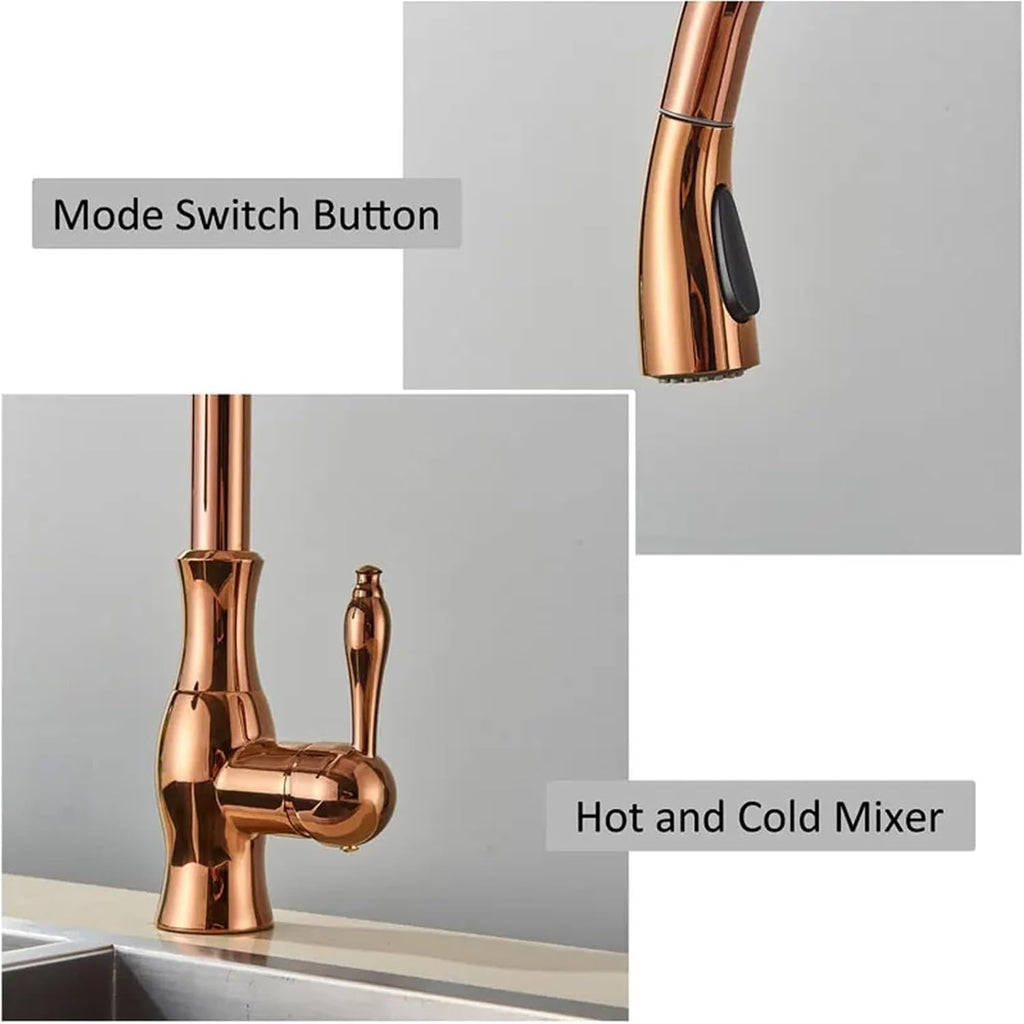 Kitchen Faucets Pull Out Kitchen Sink Mixer Tap Single Lever Hot Cold Water Mixer Tap(Rose Gold)
