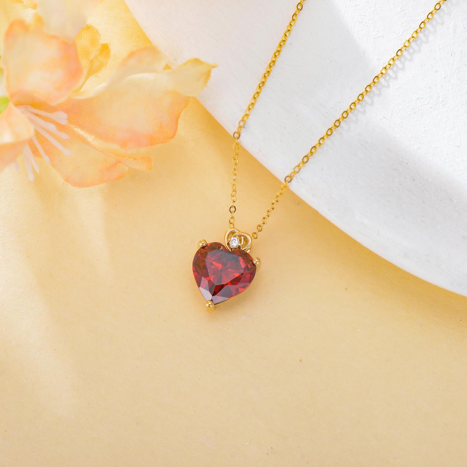 14k Gold Love Heart Gemstone Birthstone Necklaces for Women 3 Carat Heart-cut Created Birthstone Anniversary Birthday Mother's Day Pendant for Her 16+1+1 inch