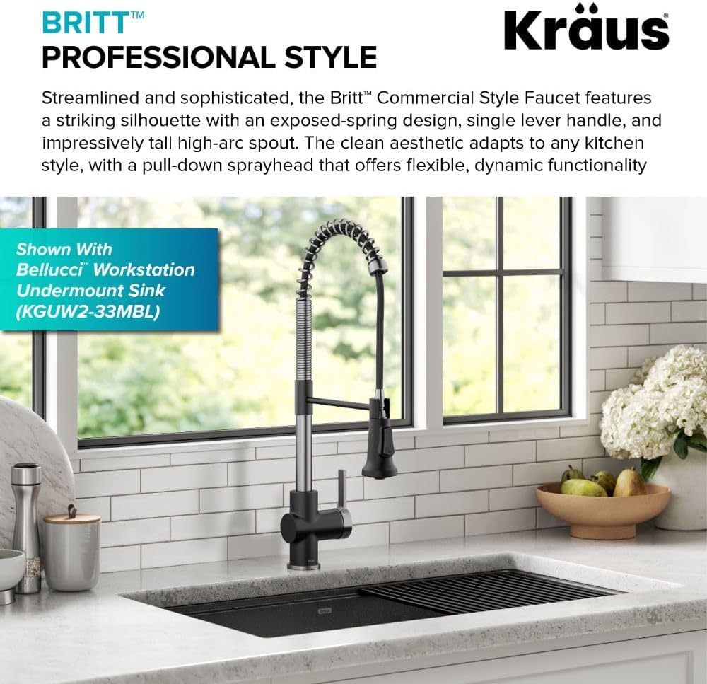 KRAUS Britt Commercial Style Single Handle Pull Down Kitchen Faucet in Spot-Free Stainless Steel/Matte Black, KPF-1691SFSMB