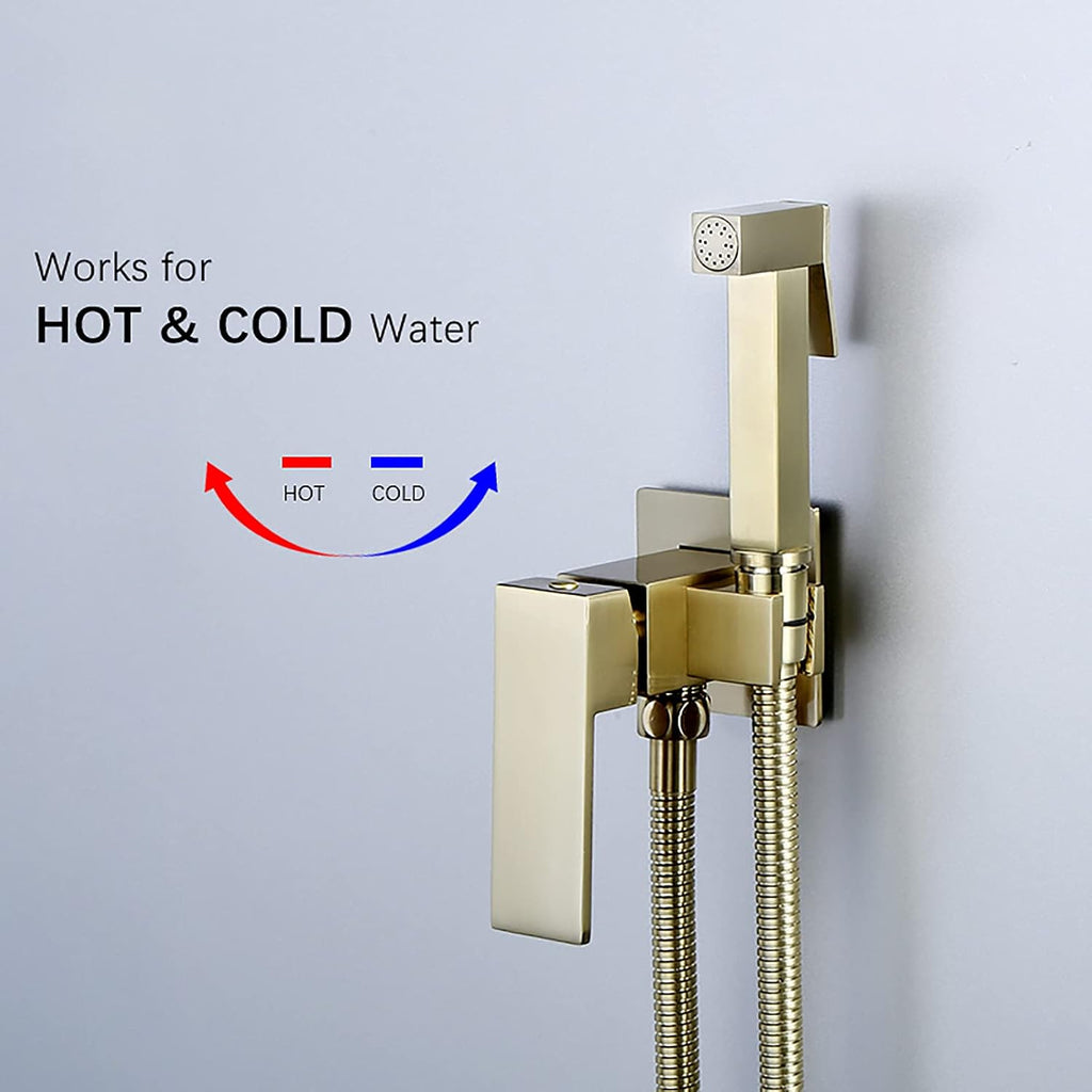 Handheld Bidet Sprayer for Toilet, Brushed Gold Wall Mounted Bathroom Cloth Diaper Set with Cold and Hot Water, Brass Kit for Bathing Pets, Feminine Hygiene