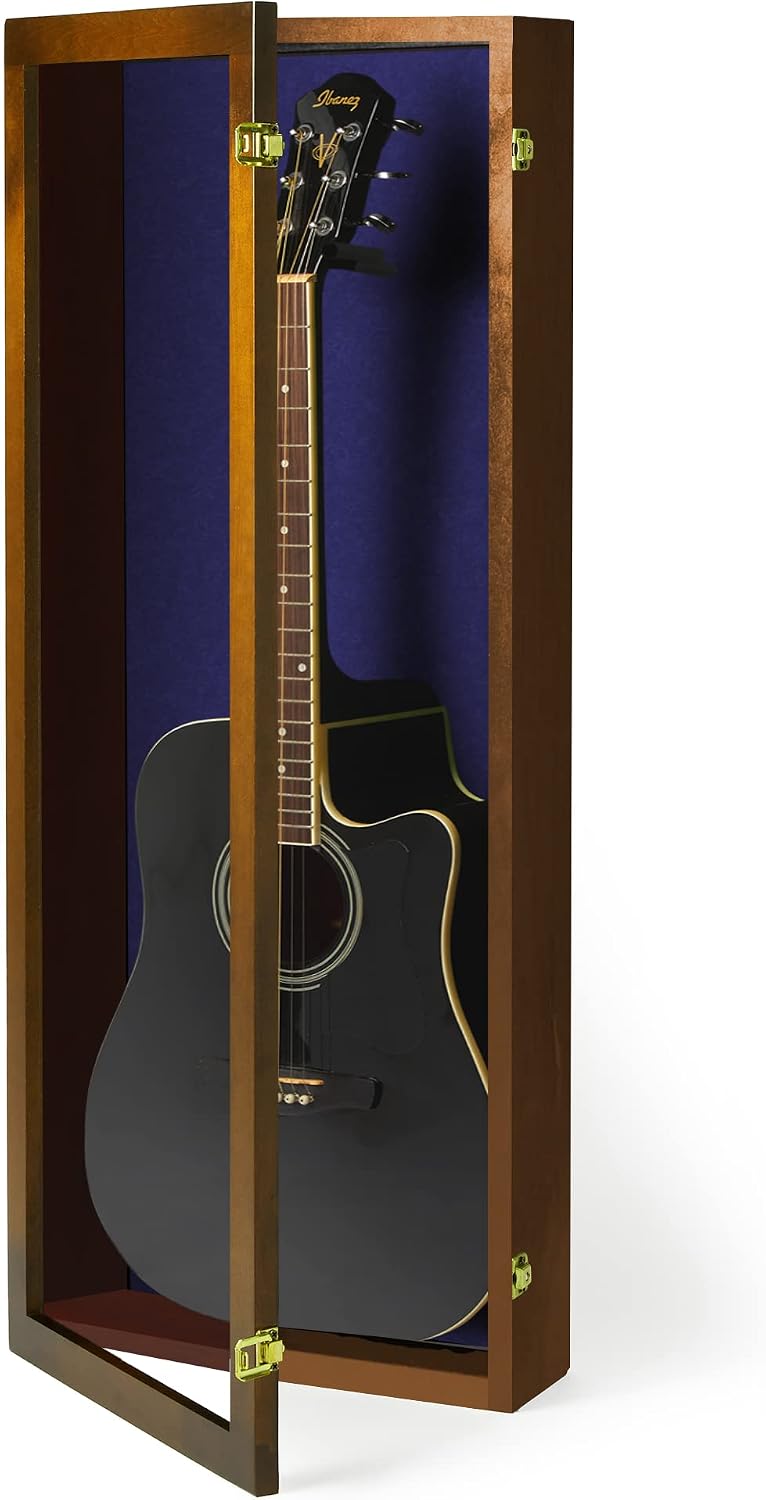 PENNZONI Acoustic Guitar Display Case - Acrylic Acoustic Guitar Case - Guitar Display Case Wall Mount Made from Hardwood Frame & Clear Acrylic - Walnut w/Felt Blue