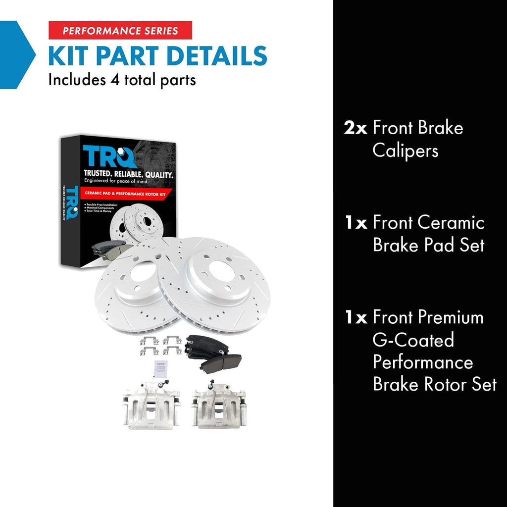 TRQ Performance Front Brake Pad and Rotor Set Ceramic Drilled Slotted Coated Vented Rotors Calipers Compatible with 2005-2010 Chrysler 300 2005-2008 Magnum 2006-2011 Dodge Charger 2009-2011 Challenger