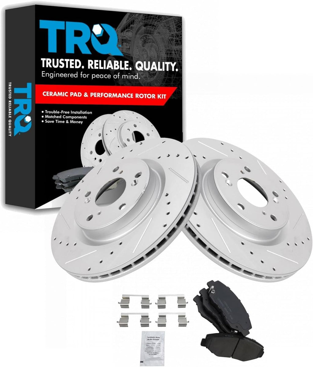 TRQ Performance Front Brake Pad and Rotor Set Ceramic Drilled Slotted G Coated Rotors Compatible with 2012-2015 Honda CR-V