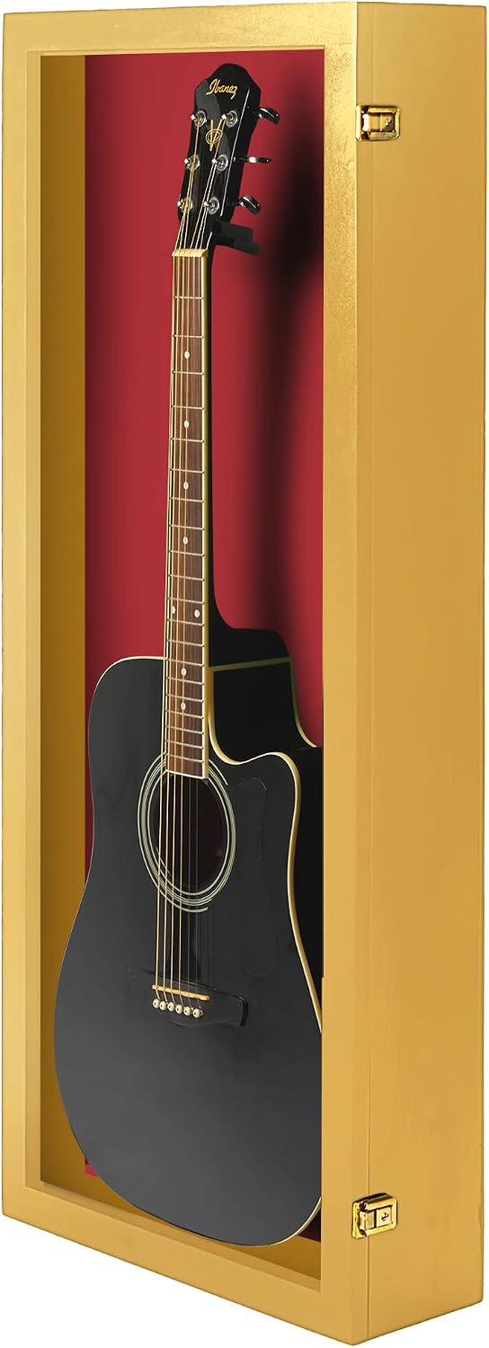 PENNZONI Acoustic Guitar Display Case - Acrylic Acoustic Guitar Case - Guitar Display Case Wall Mount Made from Hardwood Frame & Clear Acrylic - Golden Oak w/Red Felt