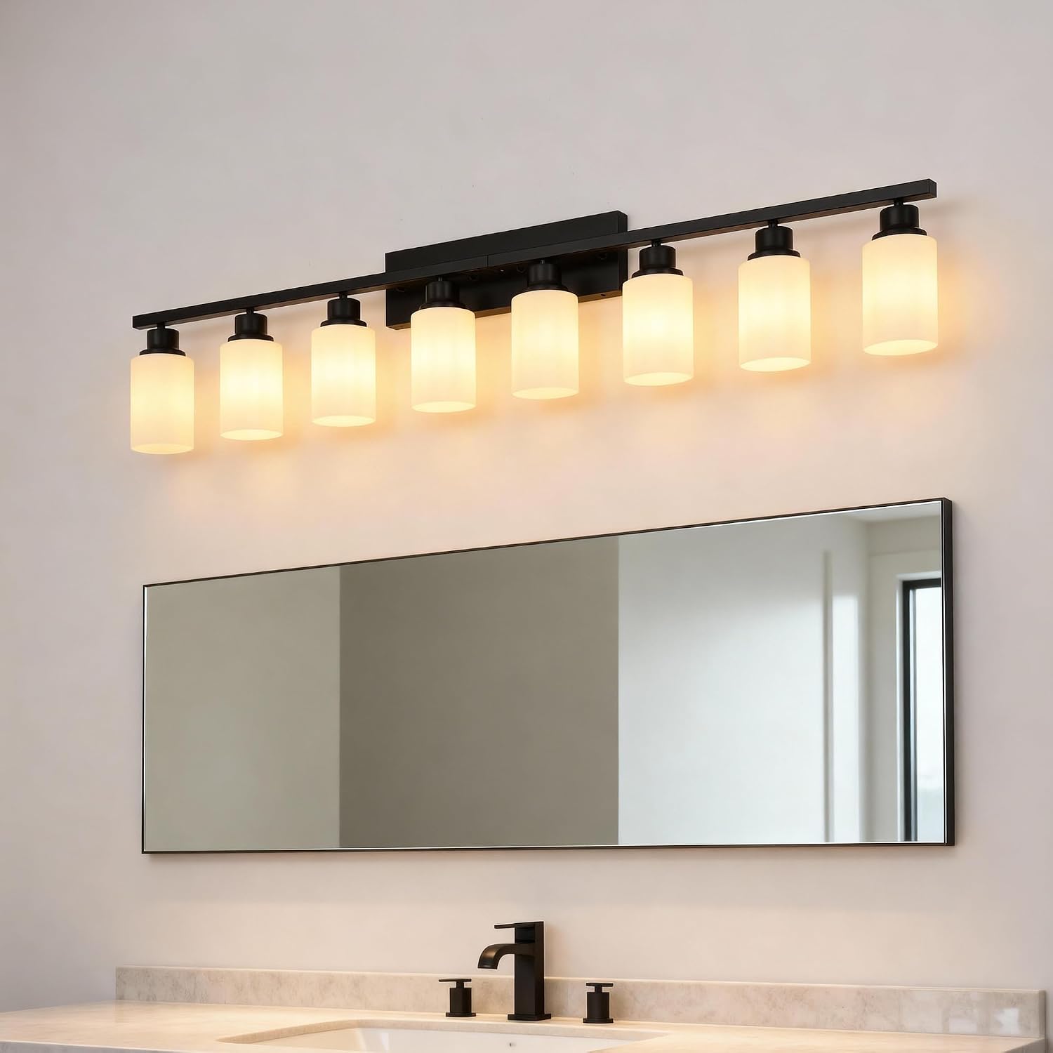 8-Light Matte Black Bathroom Vanity Light Modern Black Bathroom Light Fixtures Over Mirror Vintage Vanity Wall Sconce Light With White Glass Shade Wall Lamps For Living Room Bedroom Bulbs Not Included
