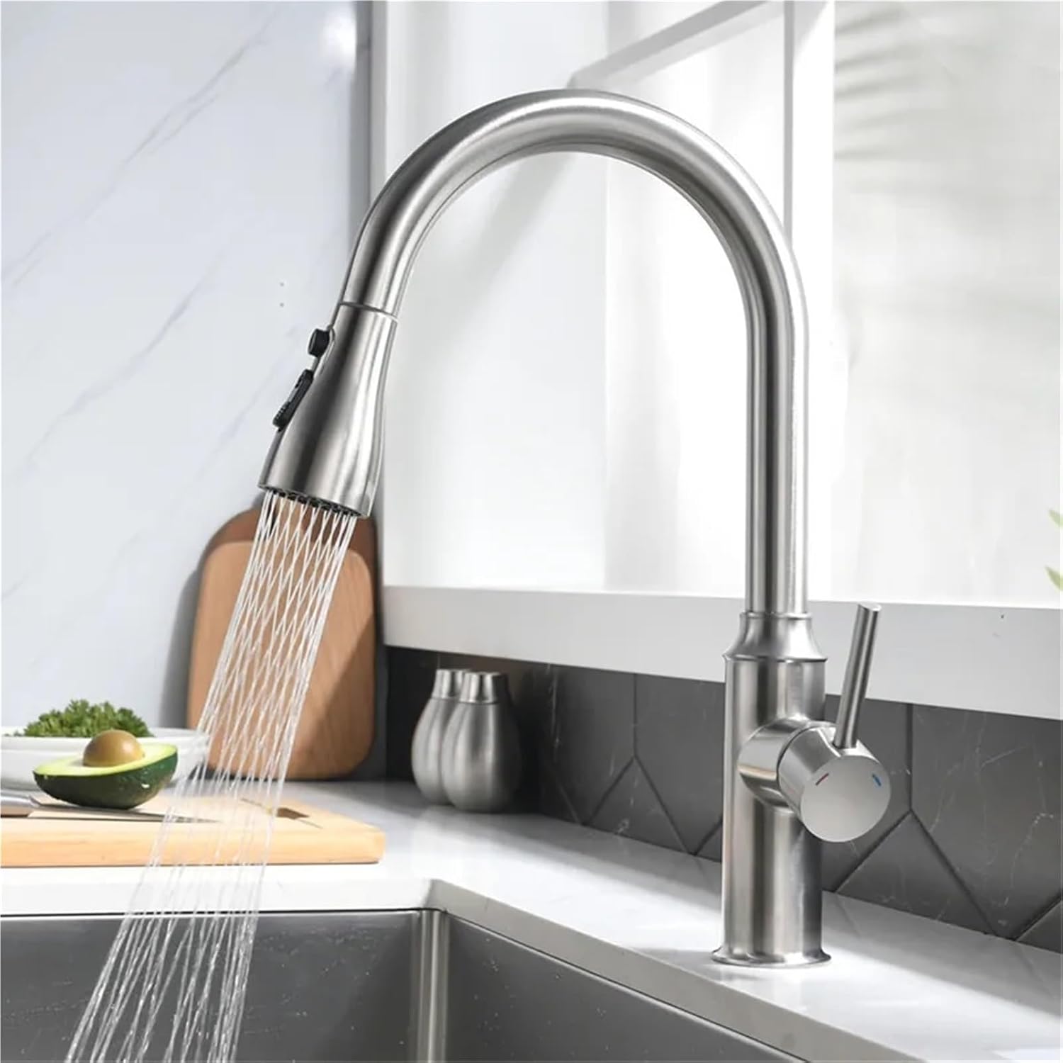 Kitchen Pull-Out Faucet Hot and Cold Water Sink Stainless Steel 360 Rotating Telescopic Faucet(Gray)