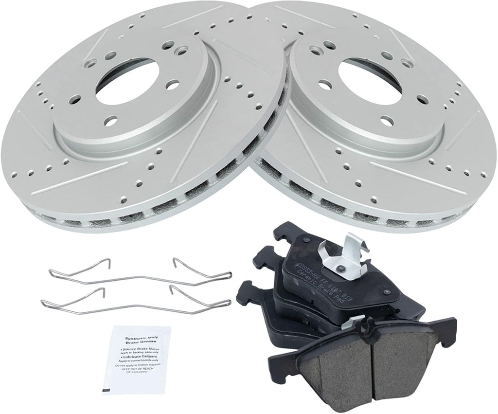TRQ Performance Front Brake Pad and Rotor Set Ceramic Drilled Slotted Coated Rotors Compatible with 96-03 Mercedes-Benz E320 98-99 E300 98-03 CLK320 99-03 CLK430 98-02 E430 01-04 SLK320