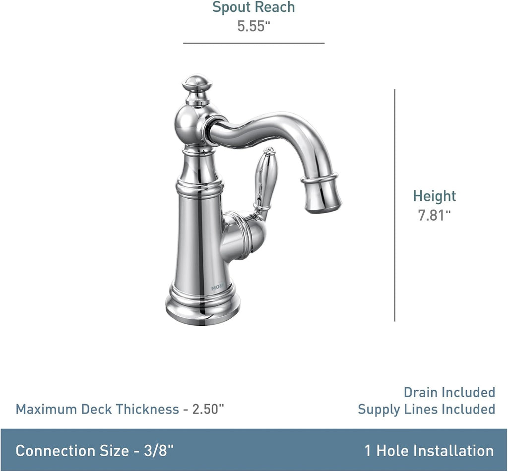 Moen S42107BG Weymouth One-Handle Single Hole Traditional Bathroom Sink Faucet with Drain Assembly, Brushed Gold
