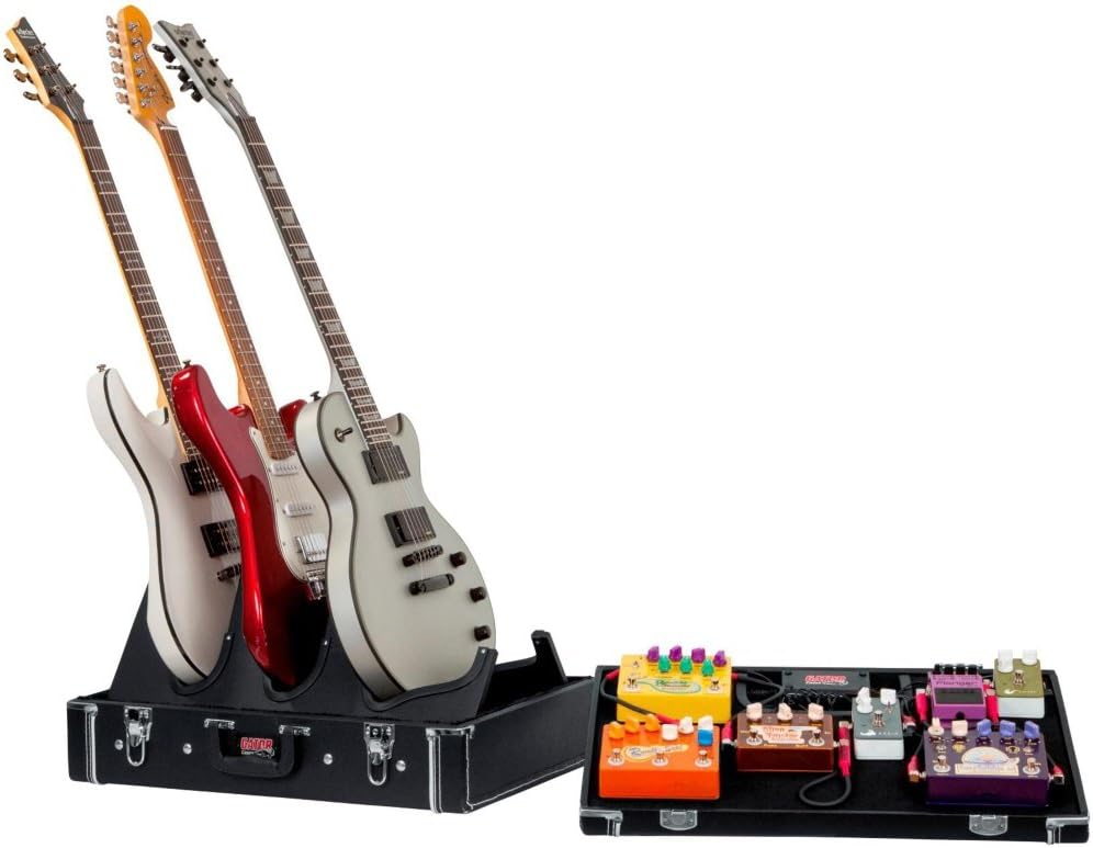 Gator Cases Gig Box Jr. Pedal Board with Built in 3x Guitar Stand and G-BUS Multi Output Power Supply | Fits Most Electric and Acoustic Guitars, Pedal Surface 21.5' x 15' (GW-GIGBOXJRPWR)