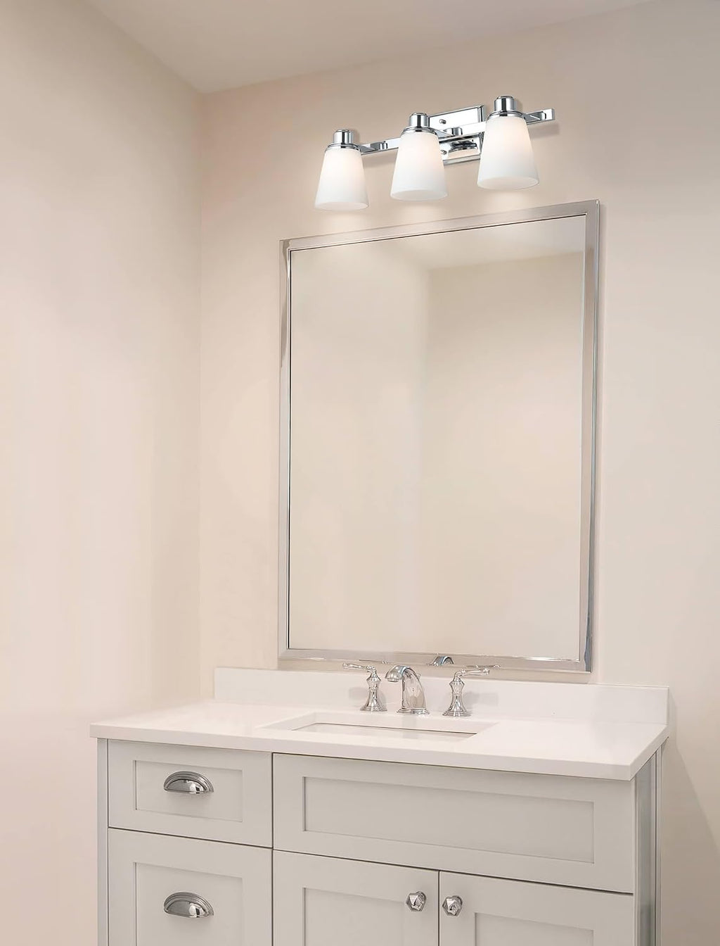 XiNBEi Lighting Opal Glass Bathroom Vanity Light Over Mirror, 3 Light Chrome Bathroom Light Fixtures with White Glass, Modern Vanity Lighting Wall Mount Fixture XB-W220-3-CH