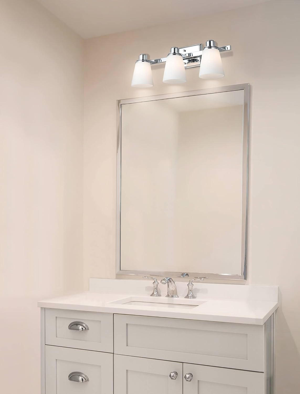 XiNBEi Lighting Opal Glass Bathroom Vanity Light Over Mirror, 3 Light Chrome Bathroom Light Fixtures with White Glass, Modern Vanity Lighting Wall Mount Fixture XB-W220-3-CH