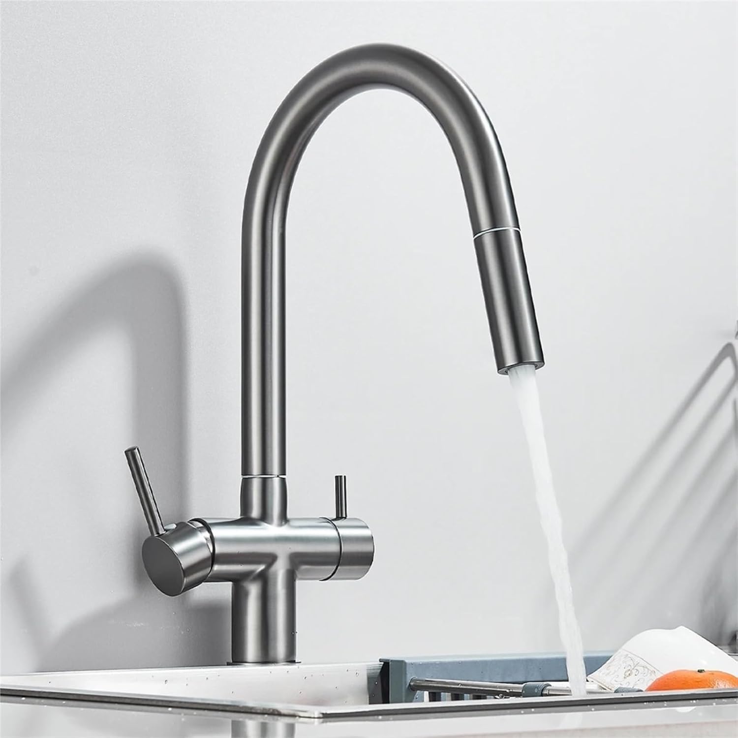 Kitchen Faucet Pure Water Pull Out 360 Rotation Hot and Cold Water Mixer Tap Dual Handle Deck Mounted Sink Crane(Gray)