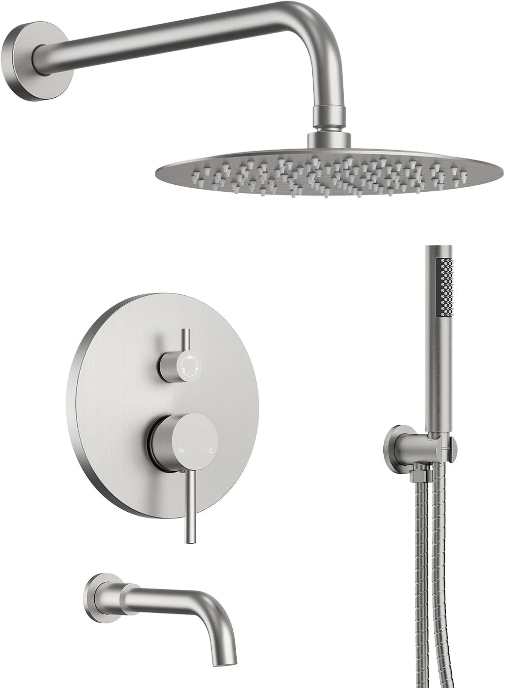10' High-Pressure Rainfall Shower System with Handheld Spray, Wall Mount Bathroom Shower Faucet Set with Tub Spout (Brushed Nickel)