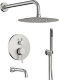 10' High-Pressure Rainfall Shower System with Handheld Spray, Wall Mount Bathroom Shower Faucet Set with Tub Spout (Brushed Nickel)