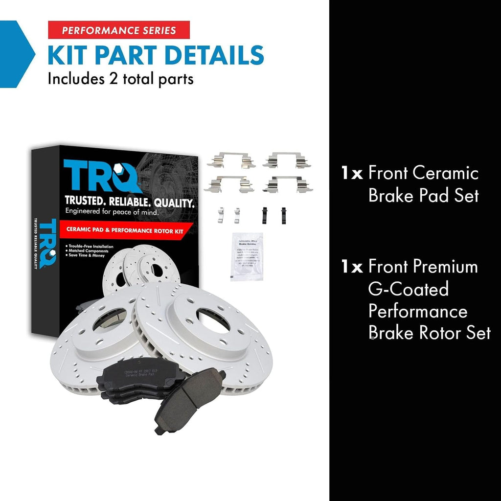 TRQ Performance Front Brake Pad and Rotor Set Ceramic Coated Drilled Slotted Vented Rotors Compatible with 2007-2012 Dodge Caliber 2008-2017 Mitsubishi Lancer