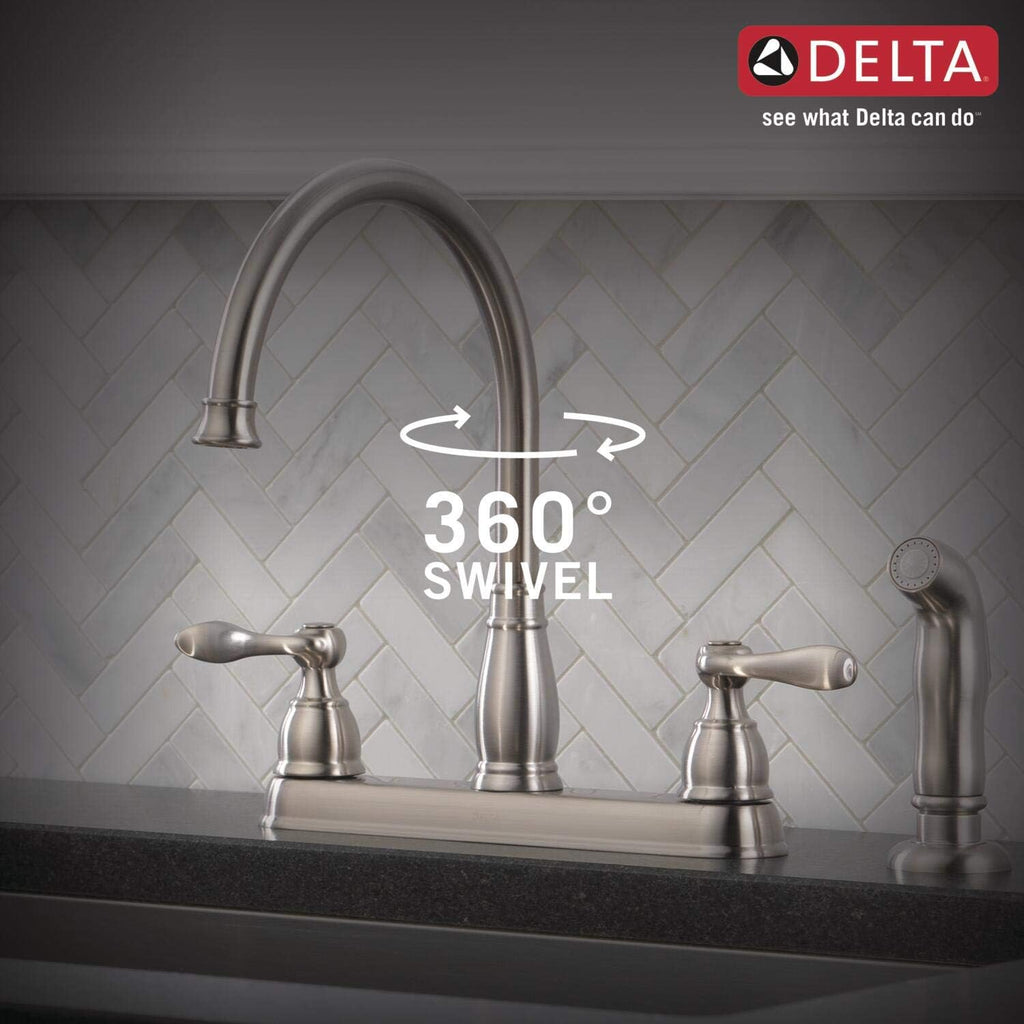 Delta Windemere Brushed Nickel Kitchen Faucet with Side Sprayer, Traditional 4 Hole Kitchen Sink Faucet, Two-Handle, Stainless 21996LF-SS