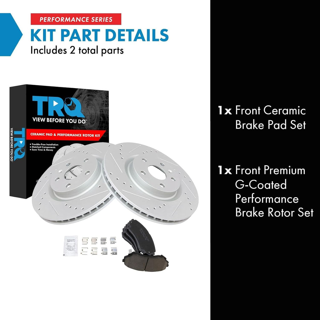 TRQ Performance Front Brake Pad and Rotor Set Ceramic Coated Drilled Slotted Vented Rotors Compatible with 2008-2014 Cadillac CTS