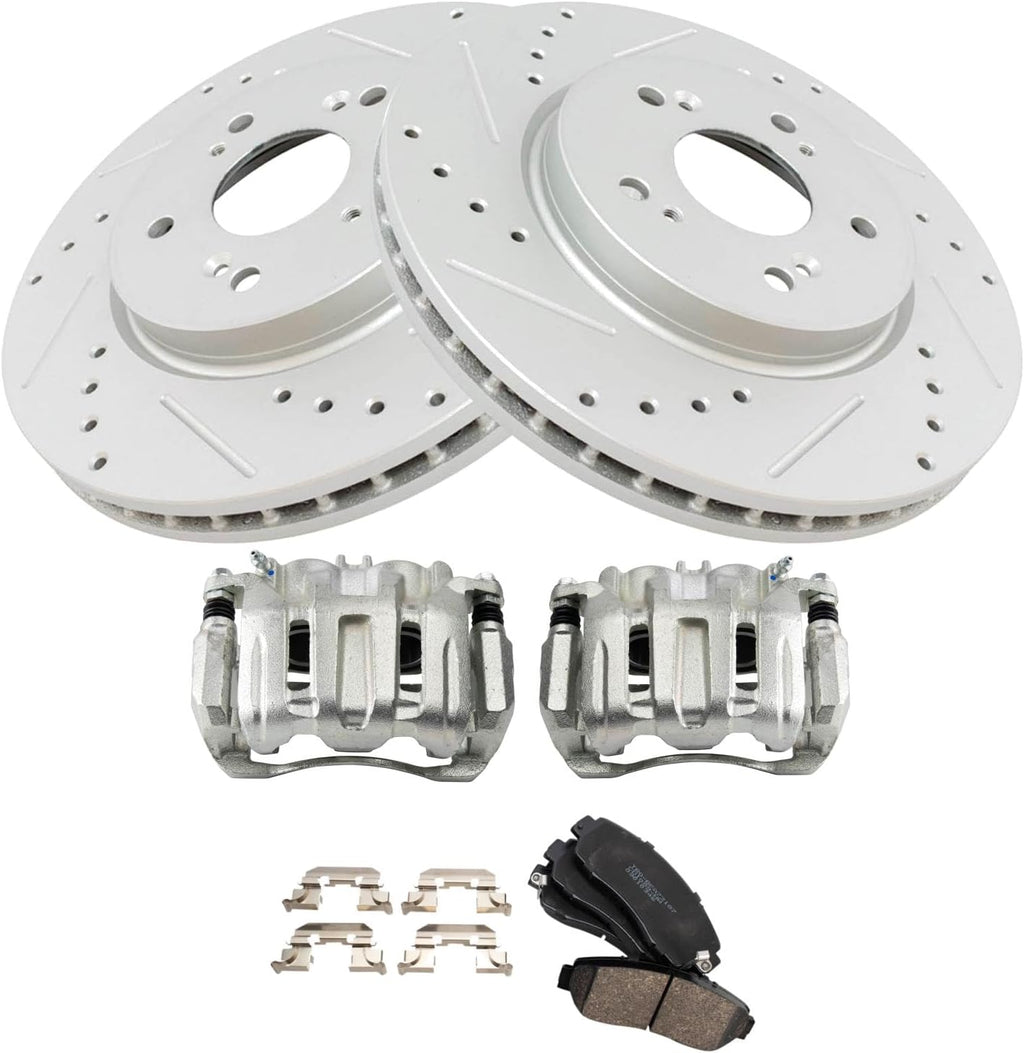 TRQ Performance Front Brake Pad and Rotor Set Ceramic Coated Drilled Slotted Rotors Calipers Compatible with 2007-2012 Acura RDX 2010-2011 Honda Accord Crosstour 2007-2011 CR-V