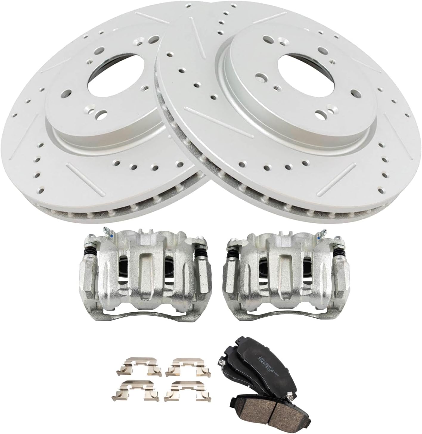 TRQ Performance Front Brake Pad and Rotor Set Ceramic Coated Drilled Slotted Rotors Calipers Compatible with 2007-2012 Acura RDX 2010-2011 Honda Accord Crosstour 2007-2011 CR-V