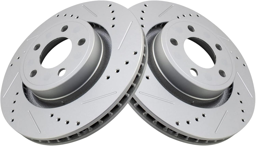 TRQ Performance Front Brake Pad and Rotor Set Ceramic Drilled Slotted Vented Rotors Compatible with 2015-2017 Ford Mustang