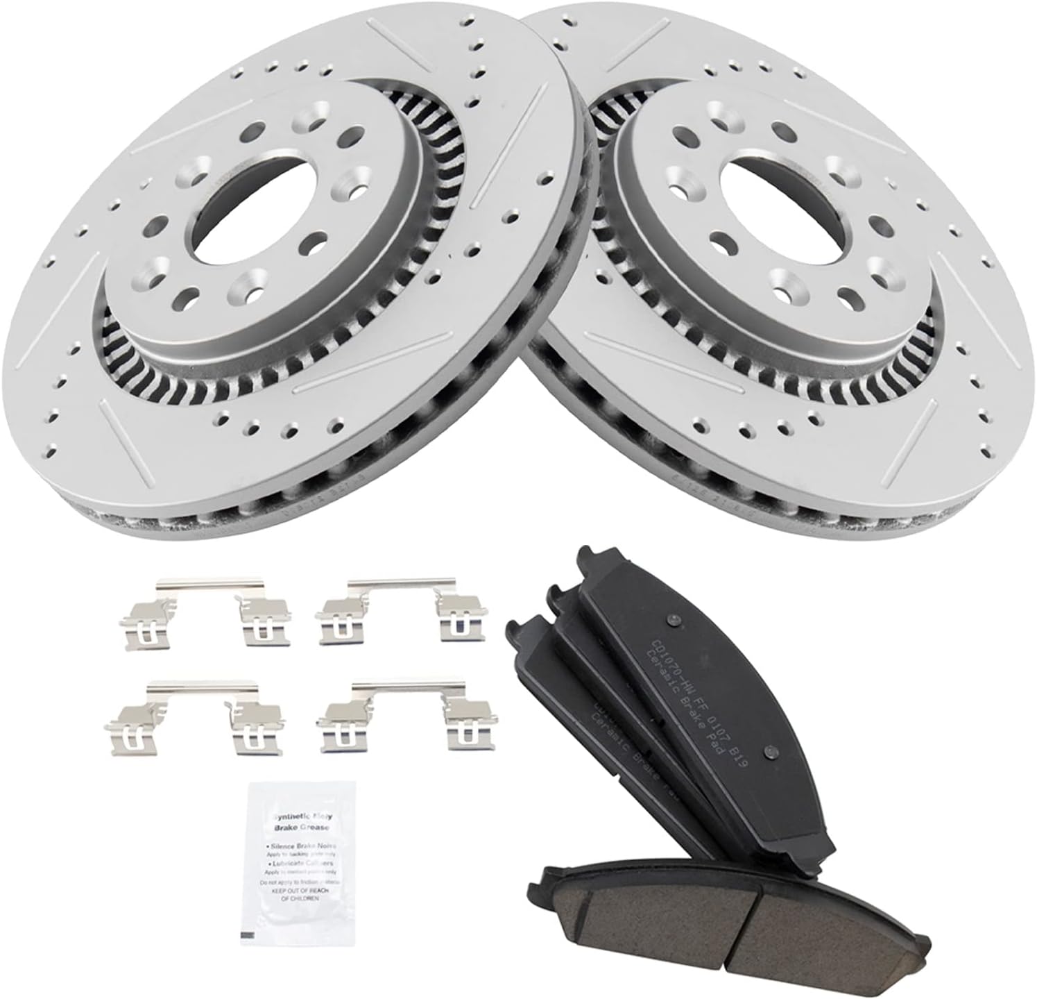 TRQ Performance Front Brake Pad and Rotor Set Ceramic Coated Drilled Slotted Rotors Compatible with 05-07 Ford Five Hundred Freestyle 08-09 Taurus Taurus X 05-07 Mercury Montego 08-09 Sable