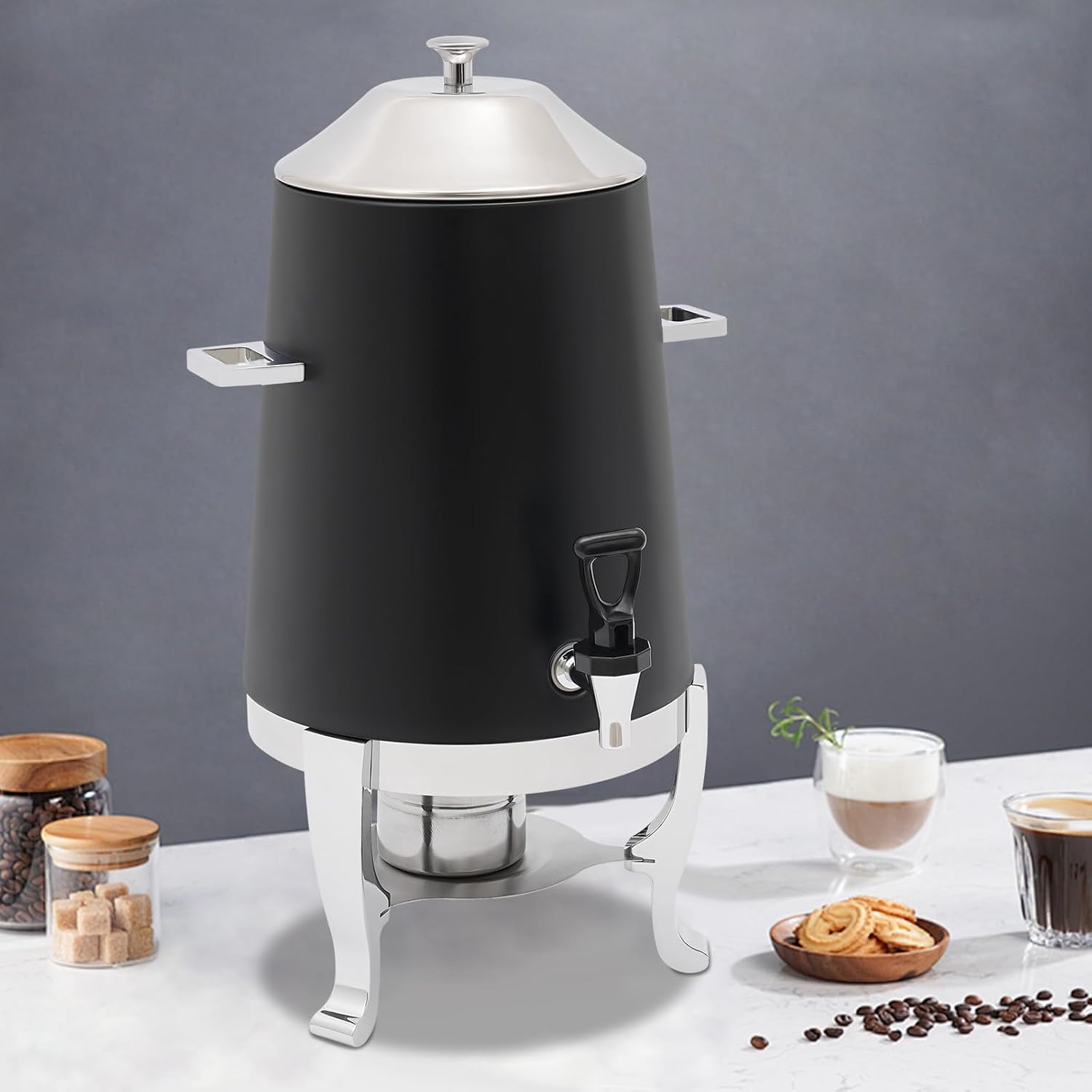 Coffee Urn With Fuel Holder, 3.5 Gallon/13L Stainless Steel Beverage Dispensers for Coffee Tea Hot Water, Hot Drink Dispenser with Stand, Chafer Urn with Spigot for Parties Catering (Black)