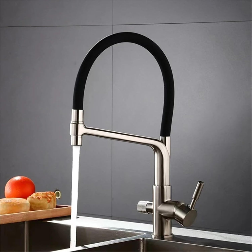 Filter Kitchen Faucet Dual Spout Drinking Water Faucet Mixer 360 Degree Rotation Hot Cold Water Tap(Nickel)