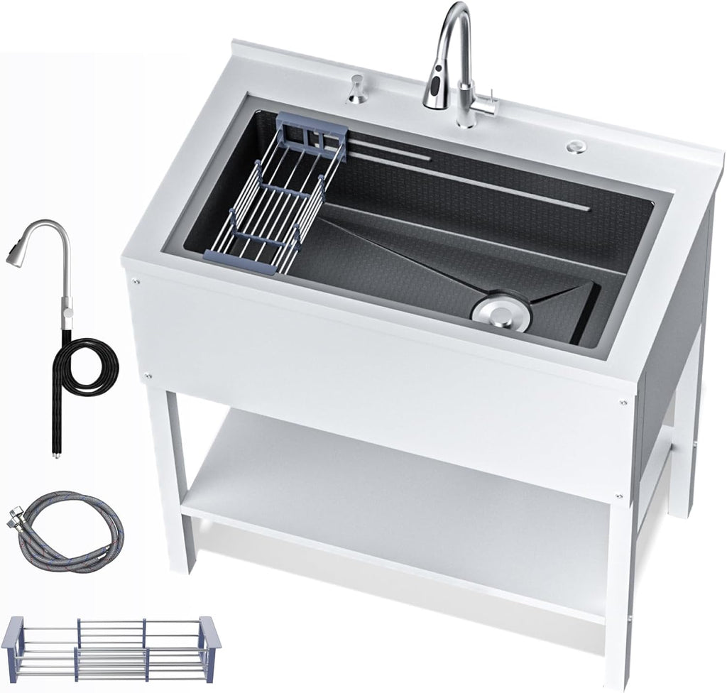 36' Freestanding Utility Sink, Heavy Duty Stainless Steel Laundry Room Sink for Garage, Outdoor Kitchen or Workshop, Modern Black Basin with Hot & Cold Water, Indoor/Outdoor Use (White)