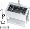 36' Freestanding Utility Sink, Heavy Duty Stainless Steel Laundry Room Sink for Garage, Outdoor Kitchen or Workshop, Modern Black Basin with Hot & Cold Water, Indoor/Outdoor Use (White)