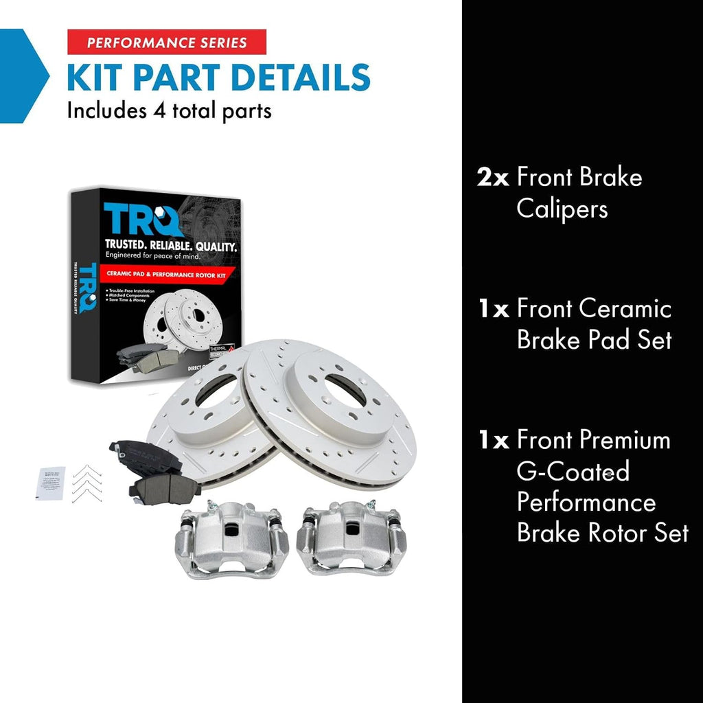 TRQ Performance Front Ceramic Brake Pad and Rotor Set Includes Calipers Coated Drilled Slotted Compatible with 2009-2012 Honda Fit 2013 Base 2013 Sport