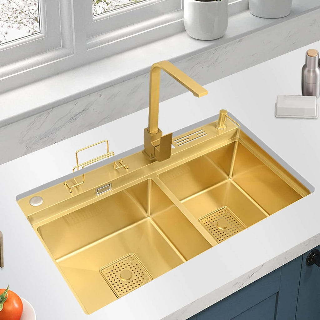 Kitchen Sink 304 Stainless Home Sink Kitchen, Double Gold Sink Kitchen, with Faucet, Clean Faucet, Soap Dispenser, Cutting Board and Accessories,Gold B-78x46cm