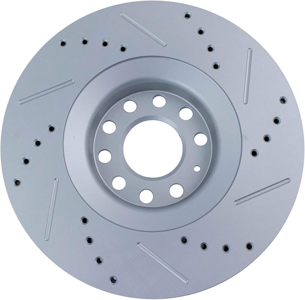 TRQ Performance Front Brake Pad and Rotor Set Ceramic Drilled Slotted G Coated Vented Rotors Compatible with 2005-2009 Audi A4 A4 Quattro