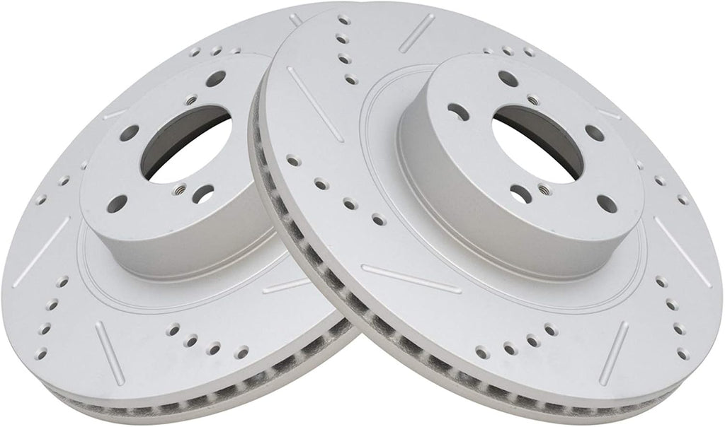 TRQ Performance Front Ceramic Brake Pad and Rotor Set Drilled Slotted Coated Compatible with 14-18 Subaru Forester 2.5i 11-14 Subaru Impreza WRX 13-14 Outback 2.5i 13-14 Legacy 2.5i