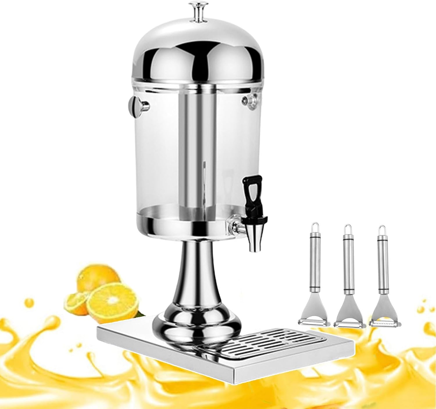 Juice Dispensers with Faucet, Beverage Dispenser for Serving Hot And Cold Drinks, Stainless Steel Machine for Cold Drinks, Drip Tray Included (With 3 Paring Knives),Silver