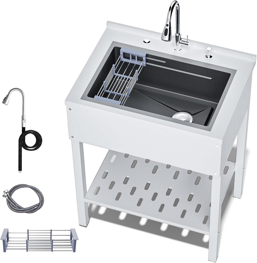29' Freestanding Utility Sink，Heavy Duty Stainless Steel Laundry Room Sink，Commercial Kitchen Sinks with Hot & Cold Water for Garage,Kitchens Outdoor (29 * 21 * 36 White)