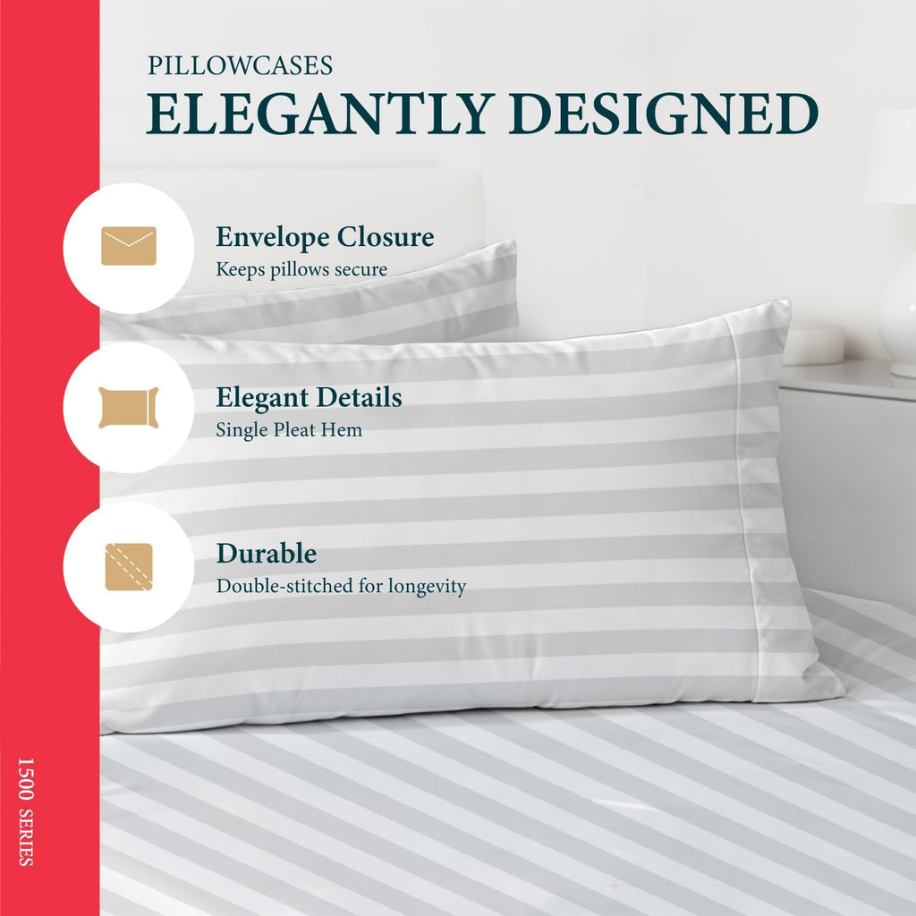 100% Egyptian Cotton Sheet Set Queen Size - Luxury 1500 Series Prestige Collection Damask Queen Sheet Set (4 PC, White Stripe), Soft Cooling, Sateen Weave Sheets, 17' Deep Pocket